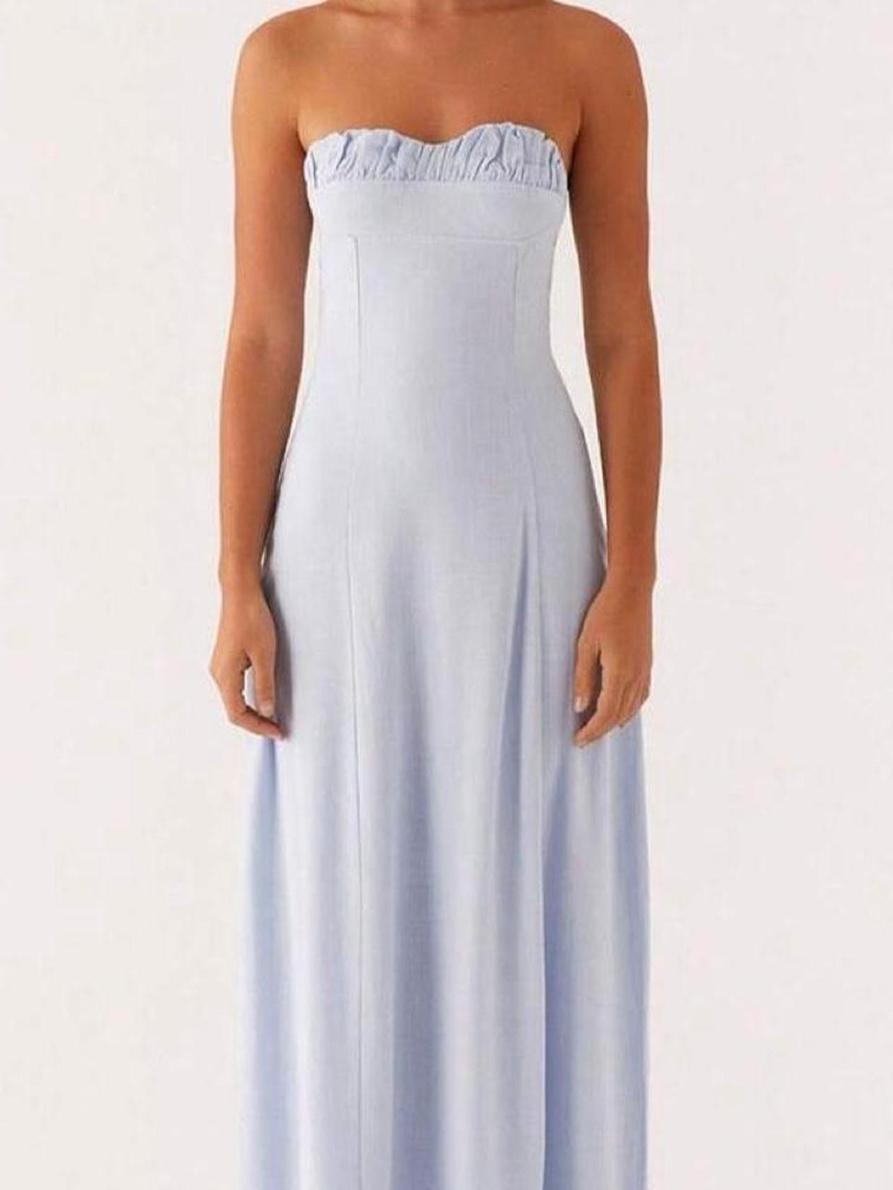 Peppermayo Strapless Pale Blue Maxi Dress with Ruffle Trim